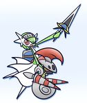  ambiguous_gender arthropod concave_(artist) escavalier gardevoir green_hair hair humanoid insect knight nintendo open_mouth plain_background pok&eacute;mon red_eyes shield sword teeth tongue video_games weapon 