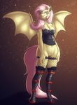  2014 anthro anthrofied bat_pony boots bottomless cleavage clothed clothing equine fangs female fishnet flutterbat_(mlp) fluttershy_(mlp) friendship_is_magic fur hair half-dressed legwear mammal my_little_pony pink_hair pussy skipsy smile solo standing stockings wings yellow_fur 