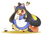  animal_ears apron arthropod black_hair cat_ears cat_tail cockroach concave_(artist) dress female hair insect japanese_text maid_uniform mawile nintendo open_mouth plain_background pok&eacute;mon red_eyes solo teeth text tongue video_games 