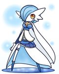  blue_hair blush breasts concave_(artist) crossover dress female gardevoir hair humanoid legwear long_legs mahou_shoujo_madoka_magica nintendo orange_eyes plain_background pok&eacute;mon sayaka shiny_pok&eacute;mon skirt smile solo stockings video_games 