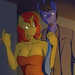  anthro anthrofied beard black_hair blue_fur breasts cleavage clothed clothing dress dress_shirt duo equestria_girls equine eye_contact facial_hair fan_character female fur green_eyes hair horn horse jacket key looking_down looking_up male mammal marik_azemus34 my_little_pony necktie orange_eyes pony smile sunset_shimmer_(eg) teeth two_tone_hair unicorn yellow_fur 