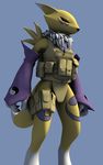  3d amber_eyes anthro bandai black_nose black_sclera bottomless canine chest_tuft claws clothed clothing digimon digitigrade female fingerless_gloves fox fur gear gloves half-dressed jacket mammal mane markings military plain_background poptart117 pose renamon solo standing tuft white_background yellow_eyes yin_yang 