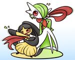  black_hair concave_(artist) dress duo female gardevoir green_hair hair humanoid mawile nintendo open_mouth plain_background pok&eacute;mon red_eyes scarf smile video_games 