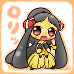  black_hair bow concave_(artist) female hair japanese_text looking_at_viewer mammal mawile nintendo open_mouth pikachu pok&eacute;mon red_eyes rodent teeth text upside_down video_games 