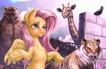  2014 ambiguous_gender avian bear bird cloud equine fangs feline female feral fluttershy_(mlp) friendship_is_magic fur giraffe group hair hi_res long_hair mammal mrs1989 my_little_pony open_mouth outside pegasus pink_hair raven teeth tiger wall wings yellow_fur zoological_gardens 