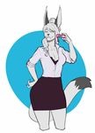  anthro big_ears big_tail black_nails bra breasts cleavage clothed clothing dress eyewear fangs feline female glasses hair lace lingerie long_hair mammal ponytail sabertooth secretary shirt simple_background skirt snow_(snowier) solo spearfrost teeth underwear white_eyes white_hair 
