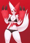  2014 anthro big_breasts bikini breasts claws clothed clothing female looking_at_viewer nintendo pastelletta plain_background pok&eacute;mon pok&eacute;morph red_background red_eyes solo standing swimsuit tongue tongue_out video_games zangoose 