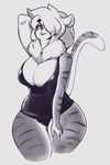  2014 anthro arm_behind_head big_breasts breasts cleavage clothed clothing dress eikasianspire feline female greyscale hair long_hair looking_at_viewer mammal monochrome plain_background pose smile solo standing stripes thick_thighs tiger tight_clothing voluptuous white_background wide_hips 