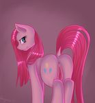  anus blue_eyes butt clitoris cutie_mark equine female feral friendship_is_magic fur hair hooves horse long_hair looking_at_viewer looking_back mammal my_little_pony pennymina pink_fur pink_hair pinkamena_(mlp) pinkie_pie_(mlp) pony presenting pussy raised_tail rear_view smile solo 