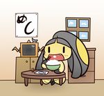  ambiguous_gender black_hair blush concave_(artist) eating fish hair japanese_text marine mawile nintendo open_mouth pok&eacute;mon rice rotom solo table television text video_games 