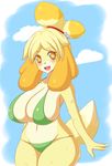  2014 animal_crossing anthro big_breasts bikini blonde_hair blush breasts brown_eyes canine clothed clothing cloud cloudscape dog eyelashes female fur hair happy hi_res huge_breasts isabelle_(animal_crossing) jcdr looking_at_viewer mammal navel nintendo open_mouth outside skimpy sky solo standing swimsuit teeth tongue underwear video_games yellow_fur 