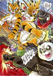  2014 anthro bear better_late_than_never breasts cleavage clothed clothing comic daigaijin english_text feline female fight group kung_fu_panda male mammal master_tigress panda po polearm pussy staff text tiger 