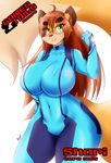  2014 anthro big_breasts breasts brown_hair brown_nose canine clothed clothing english_text eyewear female fox glasses green_eyes hair hi_res huge_breasts long_hair mammal mleonheart shari_(tiger1001) solo standing teeth text zero_suit 