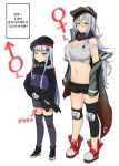  1girl assault_rifle beret black_legwear black_shorts blush breasts coat facial_mark g11_(girls_frontline) genderswap genderswap_(ftm) girls_frontline green_eyes green_jacket gun hair_between_eyes hair_ornament hat heckler_&amp;_koch highres hk416 hk416_(girls_frontline) holding holding_gun holding_weapon jacket knee_pads large_breasts long_hair long_sleeves messy_hair navel older open_clothes open_coat otoko_no_ko rifle shorts shoulder_cutout silver_hair simple_background standing thighhighs translation_request weapon white_background yellowseeds younger 