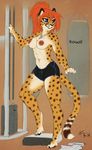  2014 abs anthro blue_eyes breasts cheetah clothed clothing digital_media_(artwork) dog_tags feline female fluff-kevlar fur gym hair half-dressed mammal muscles muscular_female nipples orange_hair shorts sketch skimpy solo spots topless yellow_fur 