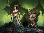  claws clothed clothing dragon duo female hair human long_hair mammal midriff polearm scalie spellforce unknown_artist video_games western_dragon wings 