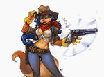  anthro badge birthmark blue_hair brown_eyes canine carmelita_fox cleavage clothed clothing cowboy_hat crop_top female fox gloves gun gun_spinning hair hat holster jeans lips long_hair looking_at_viewer mammal navel ranged_weapon revolver sly_cooper_(series) solo weapon 