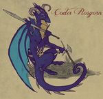  2014 abstract_background ambiguous_gender anthro axe codex_rosgorn comic cover dagger dragon fantasy horn paradox_(artist) rosgorn_(character) scales scalie spikes sword text weapon wings 