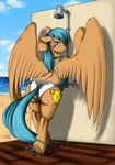  against_wall anthro beach bedroom_eyes big_butt blue_eyes blue_hair butt clothing cutie_mark equine fan_character feathers female fur hair hooves long_hair longinius looking_at_viewer looking_back mammal my_little_pony outside pegasus presenting rear_view seaside shower smile solo swimsuit water wet wet_hair wings 