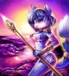  anthro blue_fur blue_hair bra canine clothed clothing detailed_background female fox fur hair holding_weapon kankitsuru krystal looking_at_viewer mammal nintendo outside polearm rock sea skimpy sky smile solo staff standing star star_fox starry_sky sunset underwear video_games water weapon 