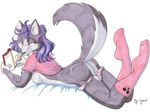  anthro bed black_nose book breasts butt canine clothed clothing female hair half-dressed legwear lying mammal marc_leonhardt on_front panties panties_down pencil plain_background purple_eyes purple_hair raised_tail shirt shirt_lift side_boob skimpy socks solo underwear wolf writing 