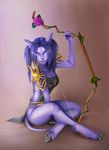  2014 bow clothing draenei female flesh-odium hair humanoid looking_at_viewer sitting solo video_games warcraft weapon world_of_warcraft 
