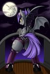  2014 absurd_res amber_eyes anthro bat_pony butt clothing cutie_mark ear_piercing equine fan_character female fishnet fur grey_fur hair hi_res high_heels jewelry legwear long_hair longinius looking_at_viewer looking_back mammal membranous_wings midnight_blossom_(mlp) moon my_little_pony night outside panties pegasus piercing presenting presenting_hindquarters purple_hair slit_pupils smile solo star stockings suggestive tail_wrap thestral tiny_wings underwear wings 