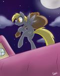  bag cloud cutie_mark derpy_hooves_(mlp) equine female food friendship_is_magic mammal moon muffin my_little_pony night outside pegasus roof sky slypon sneaking solo star stealth wings yellow_eyes 