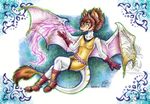  2014 abstract_background anthro boots chest_tuft dragon drerika dress ear_tuft female fire fire_breathing fur furred_dragon horn inner_ear_fluff smile solo tail_tuft thick_tail traditional_media_(artwork) tuft watermark wings 