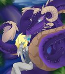  abstract_background ambiguous_gender anthro blonde_hair claws clothing couple crossdressing dragon duo fantasy fur girly hair horn jay kyttnxkisaragi_(artist) lagomorph male mammal rosgorn_(character) scales scalie spikes swimsuit tattoo 