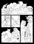  abs all_fours anthro balls bed black_and_white canine clothing comic cum cum_in_ass cum_inside cum_on_chest cum_on_penis cum_string doggystyle duo fangs from_behind gay humanoid_penis male mammal monochrome multiple_tails muscles mutual_masturbation on_bed open_mouth orgasm penetration penis sex shorts size_difference small_dom_big_sub tongue tongue_out vein wfa wolf 