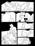  abs all_fours anal anthro ass_up balls bed black_and_white canine clothing comic couple doggystyle duo erection excited fangs from_behind gay holding holding_penis humanoid_penis lying male mammal monochrome multiple_tails muscles on_bed oral penetration penis rimming sex shorts size_difference small_dom_big_sub vein wfa wolf 