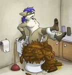  anthro blue_hair butt clothing feces hair hyper hyper_feces male mammal paws peeing penis raccoon rising scat solo stain toilet unbalanced underwear urine wall zombiecat 
