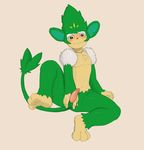  2014 3_toes :| anthro anthrofied balls blush brown_eyes dreiker erection front_view fur green_fur holding_penis looking_at_viewer male mammal monkey navel nintendo penis plain_background pok&eacute;mon primate shy simisage sitting solo spread_legs spreading toes video_games white_background 