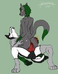  2014 anthro balls blush butt butt_grab canine cowgirl_position dog duo fur gay green_eyes green_hair grin hair hand_on_butt husky male mammal masamaki masamaki_(character) nude on_top penetration penis plain_background sen_(character) sex smile straddling teeth wolf 