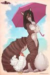  anthro avian bird breasts brown_hair cat chicken feline female hair hi_res iskra long_hair long_tail mammal nude outside remmmy rooster shaded smile solo standing umbrella walking 