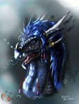  2014 beads blue_body blue_eyes blue_hair digital_media_(artwork) dragon ear_piercing fangs hair headshot_portrait horn horn_ring klynolder male mane open_mouth piercing portrait ring scales scalie sharp_teeth solo teeth tongue 