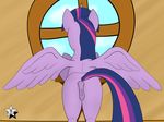  2014 absurd_res anus equine facing_away female friendship_is_magic fur hair hi_res horn inside mammal my_little_pony podium purple_fur purple_hair pussy solo twilight_sparkle_(mlp) window winged_unicorn wings wodahseht 