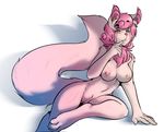  anthro avante92 breasts cat chest_tuft feline female fur hair looking_at_viewer mammal nude open_mouth piercing pink_fur pink_hair pinup plain_background pose pussy red_eyes sitting solo tongue tuft 