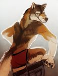  anthro butt canine claws clothing fur grin littlefreckles male mammal solo underwear undressing wolf 