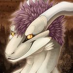  2014 dragon hair horn hybrid looking_at_viewer male purple_hair reptile scalie smile snake solo twilightsaint white_skin yellow_eyes 
