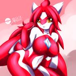 anthro blush breasts cleavage clothed clothing female hair latias legendary_pok&eacute;mon mnxenx001 navel nintendo nipples open_mouth pok&eacute;mon red_hair solo tongue video_games wings yellow_eyes 