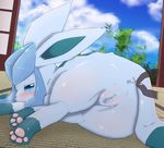  anal anal_penetration anus blue_eyes blush disembodied_hand eeveelution female feral glaceon nintendo pawpads paws penetration pok&eacute;mon pussy q-tip solo sweat vcrow_shuu video_games 