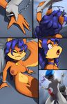  2014 anthro areola balls blue_hair breasts canine carmelita_fox collar comic cuffs duo english_text erection eyes_closed female fox fur hair handcuffs hat imminent_rape looking_up male mammal navel nipples nude open_mouth orange_eyes orange_fur penis pussy raccoon shackles sly_cooper sly_cooper_(series) text thefuckingdevil 