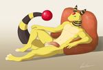  2014 3_toes ampharos anthro anthrofied balls blue_eyes digitigrade dreiker half-closed_eyes half-erect humanoid_penis looking_at_viewer male muscles navel nintendo orb pecs penis pillow pok&eacute;mon precum reclining seductive sharu side_view smile solo toes toned video_games 