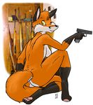  anthro black_nose breasts butt canine female fox gun holding holding_weapon ken_singshow kneeling looking_at_viewer looking_back mammal nude one_eye_closed pawpads paws ranged_weapon rear_view rifle side_boob slim smile solo tsuneko weapon wink yellow_eyes 
