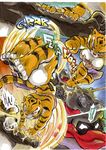  2014 angry anthro bear better_late_than_never big_breasts breasts cleavage clothed clothing comic daigaijin english_text feline female fight kung_fu_panda male mammal master_tigress panda po polearm staff text tiger 