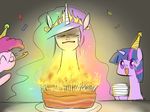  annoyed cake candle confetti equine female food friendship_is_magic group hat horn horse mammal my_little_pony party_hat pinkie_pie_(mlp) pony princess_celestia_(mlp) twilight_sparkle_(mlp) unicorn yubi 