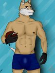  anthro blue_background bulge canine clothed clothing deports gloves half-dressed holding lewysmcdonald&#039;s male mammal muscles plain_background shorts signature solo topless wolf 