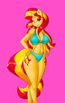  2014 anthro anthrofied big_breasts blonde_hair blue_eyes blush bra breasts cleavage clothed clothing cutie_mark equestria_girls equine female fur hair horn long_hair looking_at_viewer mammal mastergodai my_little_pony navel panties pink_background plain_background red_hair smile solo standing sunset_shimmer_(eg) thick_thighs underwear unicorn wide_hips yellow_fur 